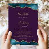 Invitation Mariage Moderne Turquoise Or Agate Violet