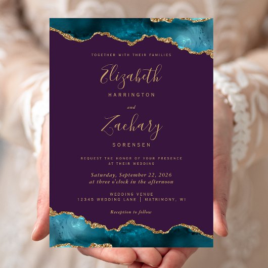 Invitation Mariage Moderne Turquoise Or Agate Violet