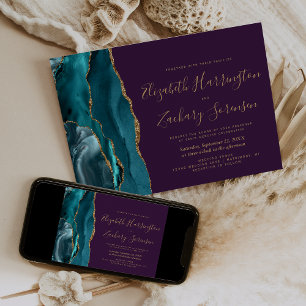 Invitation Mariage Moderne Turquoise Or Agate Violet