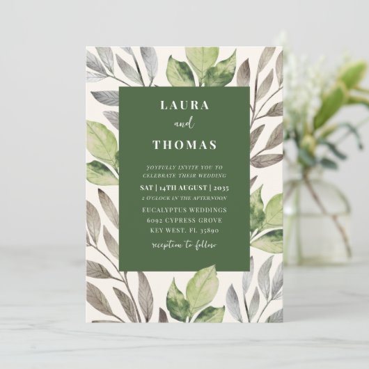 Invitation Mariage moderne vert aquarelle botanique (Debout devant)