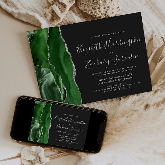 Invitation Mariage Moderne Vert Argent Agate Sombre