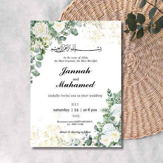 Invitation Mariage moderne vert blanc fleuri