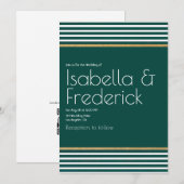 Invitation Mariage Moderne Vert Émeraude, Blanc et Or (Devant / Derrière)
