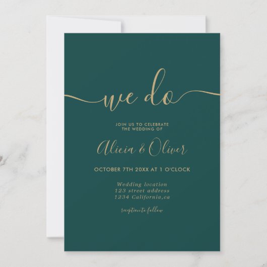 Invitation Mariage moderne vert émeraude script photo initial (Devant)