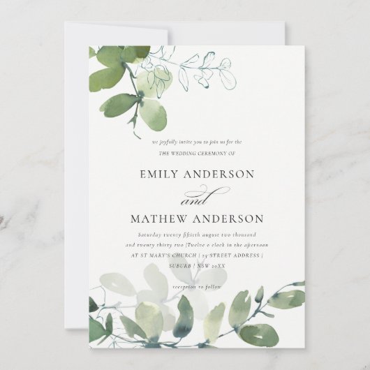 INVITATION MARIAGE MODERNE VERT EUCALYPTUS FOLIAGE EAU COULEU (Devant)