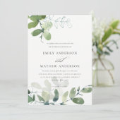 INVITATION MARIAGE MODERNE VERT EUCALYPTUS FOLIAGE EAU COULEU (Debout devant)