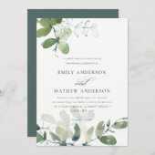 INVITATION MARIAGE MODERNE VERT EUCALYPTUS FOLIAGE EAU COULEU (Devant / Derrière)
