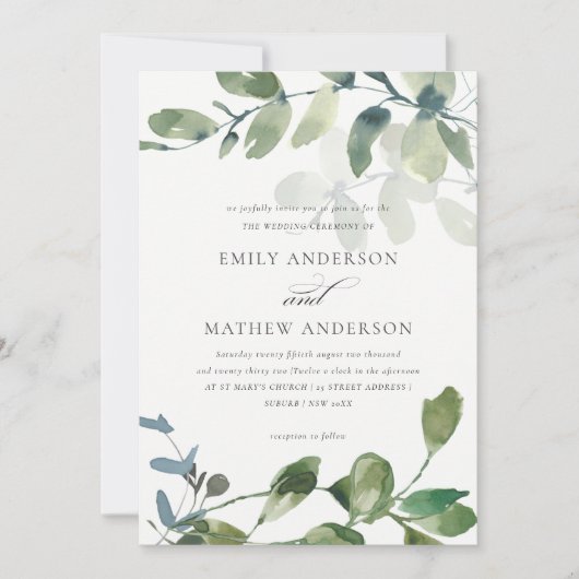 INVITATION MARIAGE MODERNE VERT EUCALYPTUS FOLIAGE EAU COULEU (Devant)
