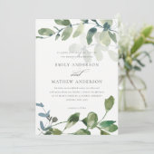 INVITATION MARIAGE MODERNE VERT EUCALYPTUS FOLIAGE EAU COULEU (Debout devant)