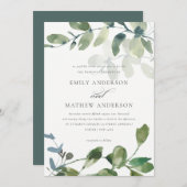 INVITATION MARIAGE MODERNE VERT EUCALYPTUS FOLIAGE EAU COULEU (Devant / Derrière)