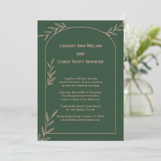 Invitation Mariage moderne vert foncé et feuille rose