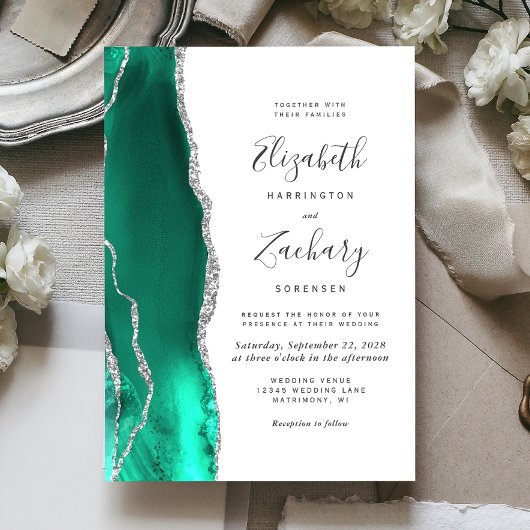 Invitation Mariage Moderne Vert Glaçon Agate Argent