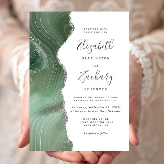 Invitation Mariage Moderne Vert Sauge Agate Argentée