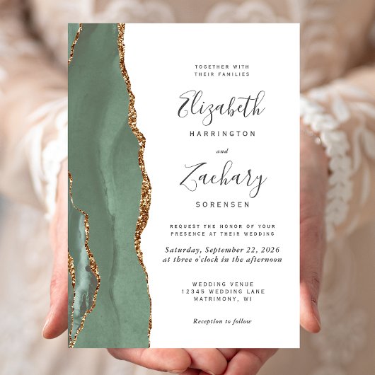 Invitation Mariage Moderne Vert Sauge Agate Or