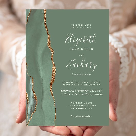 Invitation Mariage Moderne Vert Sauge Agate Or
