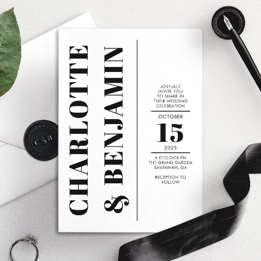Invitation Mariage moderne vertical gras noir et blanc
