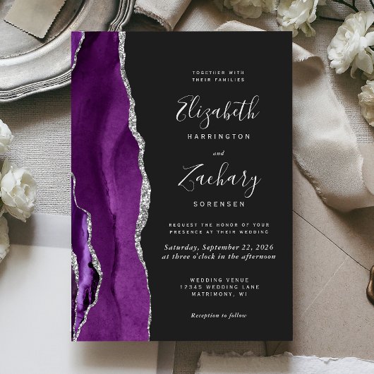 Invitation Mariage Moderne Violet Argent Agate Foncé