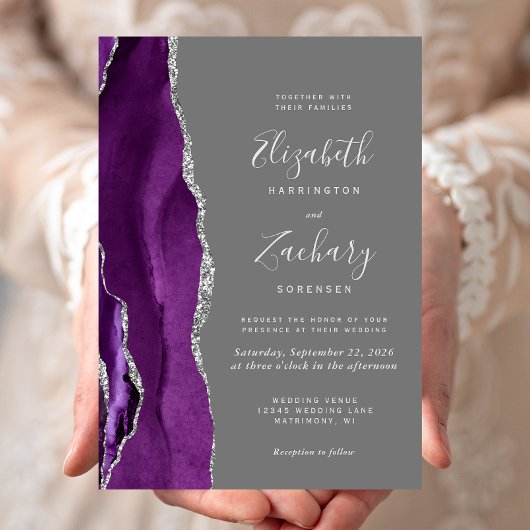 Invitation Mariage Moderne Violet Argent Agate Gris