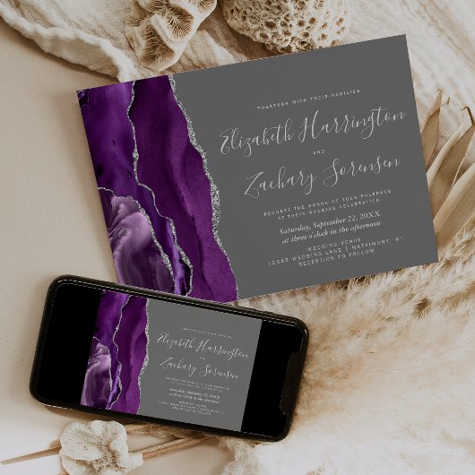 Invitation Mariage Moderne Violet Argent Agate Gris