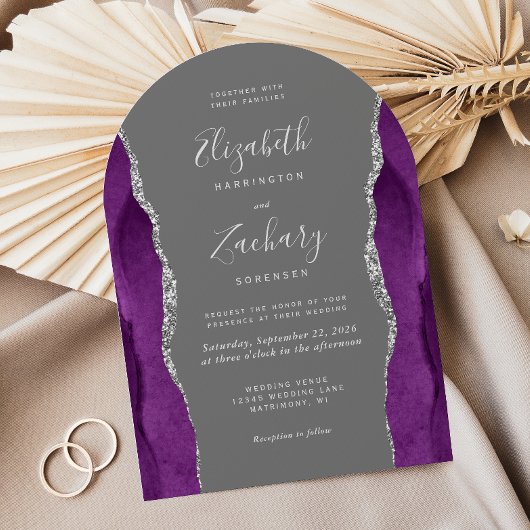 Invitation Mariage Moderne Violet Argent Gris Agate Arche