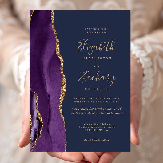 Invitation Mariage Moderne Violet Or Agate Bleu Marine