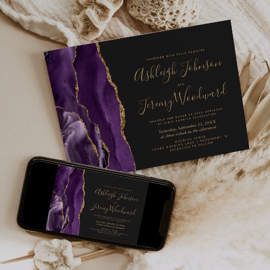 Invitation Mariage Moderne Violet Or Agate Foncé