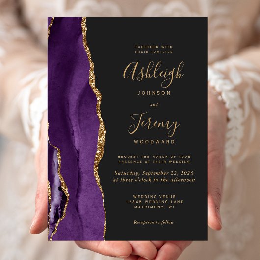 Invitation Mariage Moderne Violet Or Agate Foncé