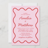 Invitation Mariage moderne Wavy rose et rouge Retro Squiggle (Devant)
