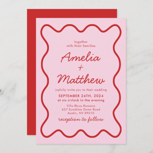 Invitation Mariage moderne Wavy rose et rouge Retro Squiggle (Devant / Derrière)