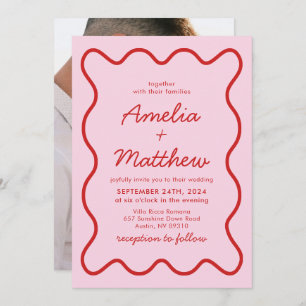 Invitation Mariage moderne Wavy rose et rouge Retro Squiggle