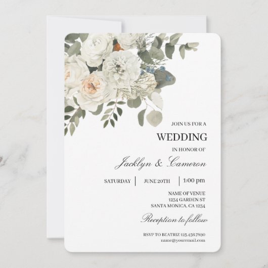 Invitation Mariage modifiable avec fleur blanche (Devant)