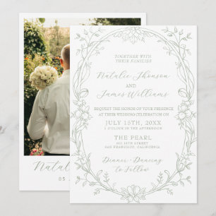 Invitation Mariage modifiable élégant vert sauge à l'ancienne