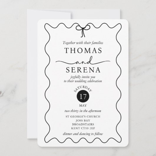 Invitation Mariage monochrome noir blanc QR Code Courbe d'ond (Devant)