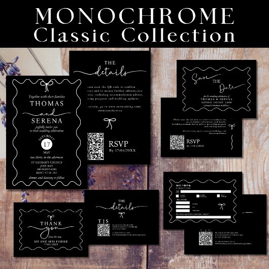 Invitation Mariage monochrome noir blanc QR Code Courbe d'ond