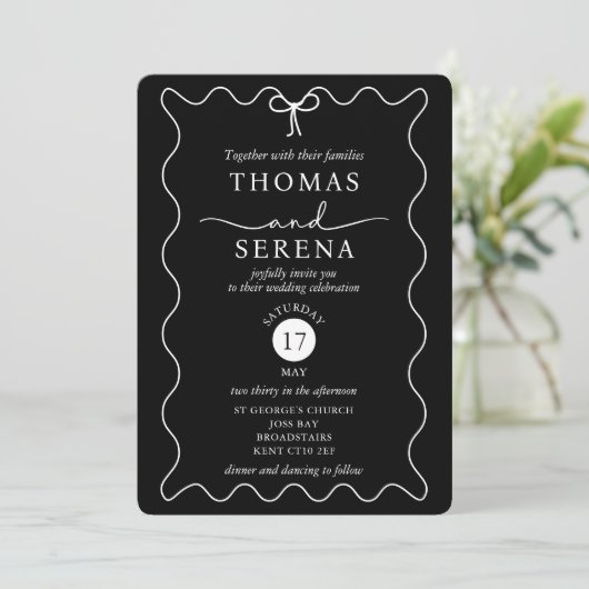 Invitation Mariage monochrome noir blanc QR Code Courbe d'ond (Debout devant)