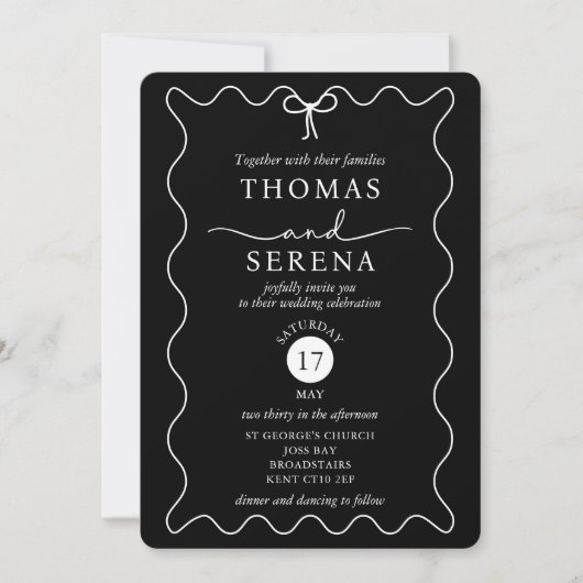 Invitation Mariage monochrome noir blanc QR Code Courbe d'ond (Devant)