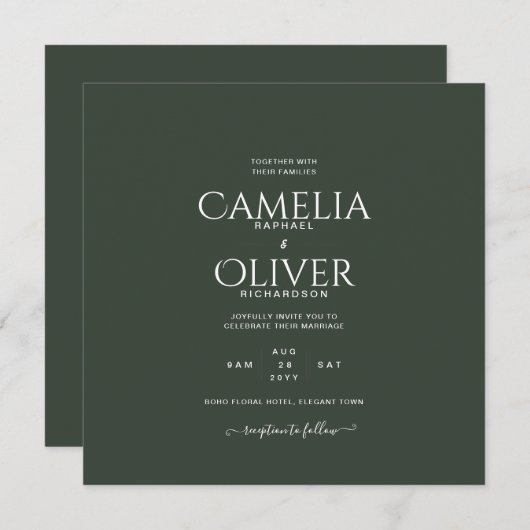 Invitation Mariage monochrome vert moderne (Devant / Derrière)