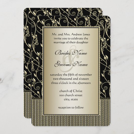 Invitation Mariage Monogram Black et Gold Swirl (Devant / Derrière)