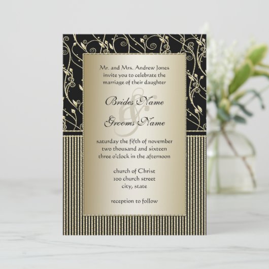 Invitation Mariage Monogram Black et Gold Swirl (Debout devant)