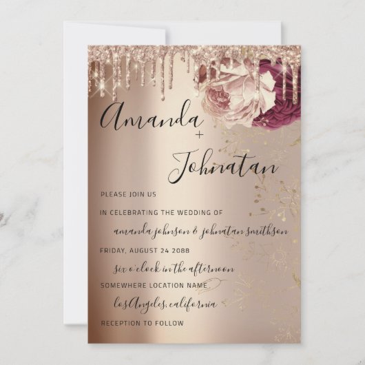 Invitation Mariage Monogram Drives Florals Marsala Rose Gold (Devant)