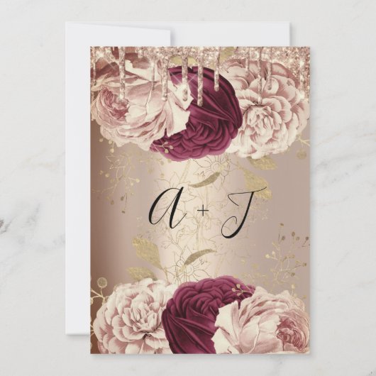 Invitation Mariage Monogram Drives Florals Marsala Rose Gold (Dos)