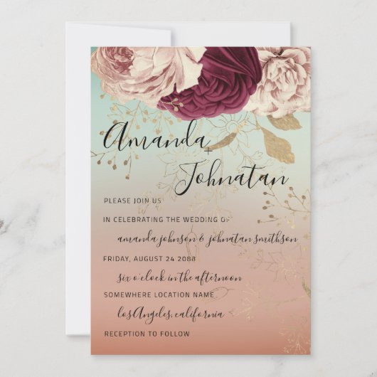 Invitation Mariage Monogram Florals BourgogneMarsala Rose Tur (Devant)