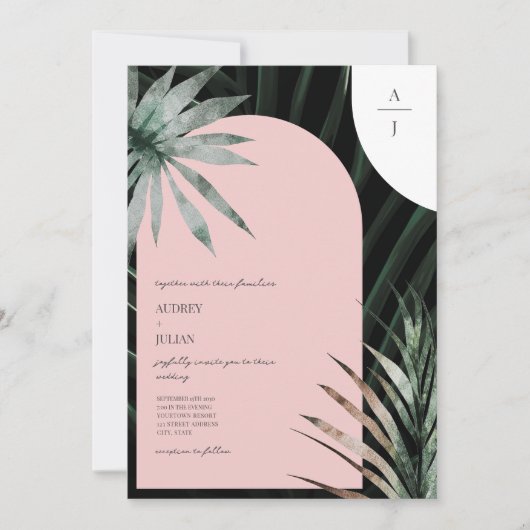 Invitation Mariage Monogramme à arc rose pâle des palmes trop (Devant)