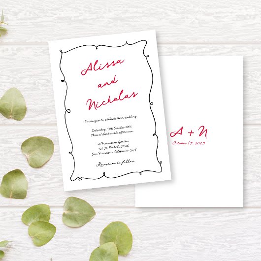 Invitation Mariage monogramme à bordure noire et rouge tiré à