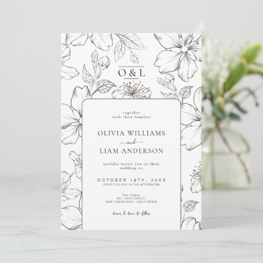 Invitation Mariage Monogramme à chic noir et blanc minimal (Debout devant)