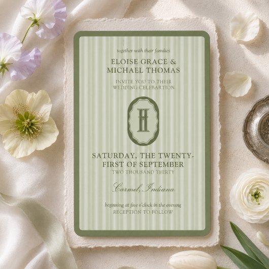 Invitation Mariage Monogramme à Rayures Vert Sauge