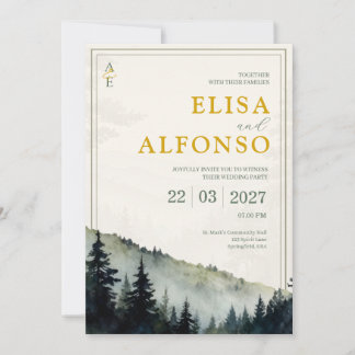 Invitation Mariage Monogramme Aquarelle Classique Pin Vert