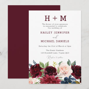 Invitation Mariage Monogramme Aquarelle Rouge Bourgogne Moder