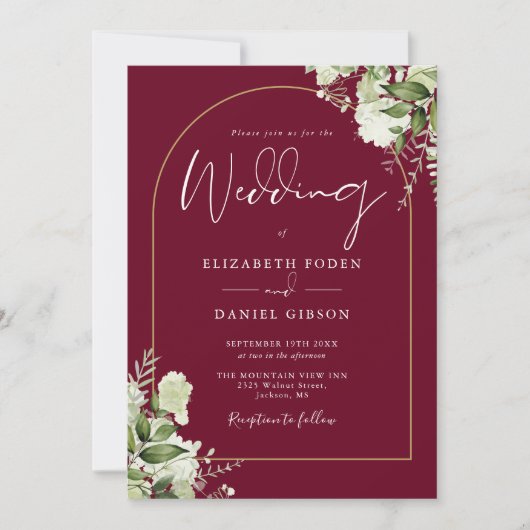 Invitation Mariage Monogramme Arc Doré de Verdure Bourgogne (Devant)