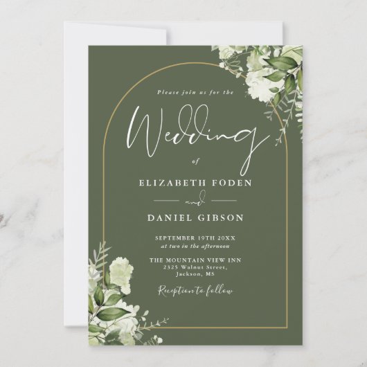 Invitation Mariage Monogramme Arc Doré Végétal Vert Olive (Devant)